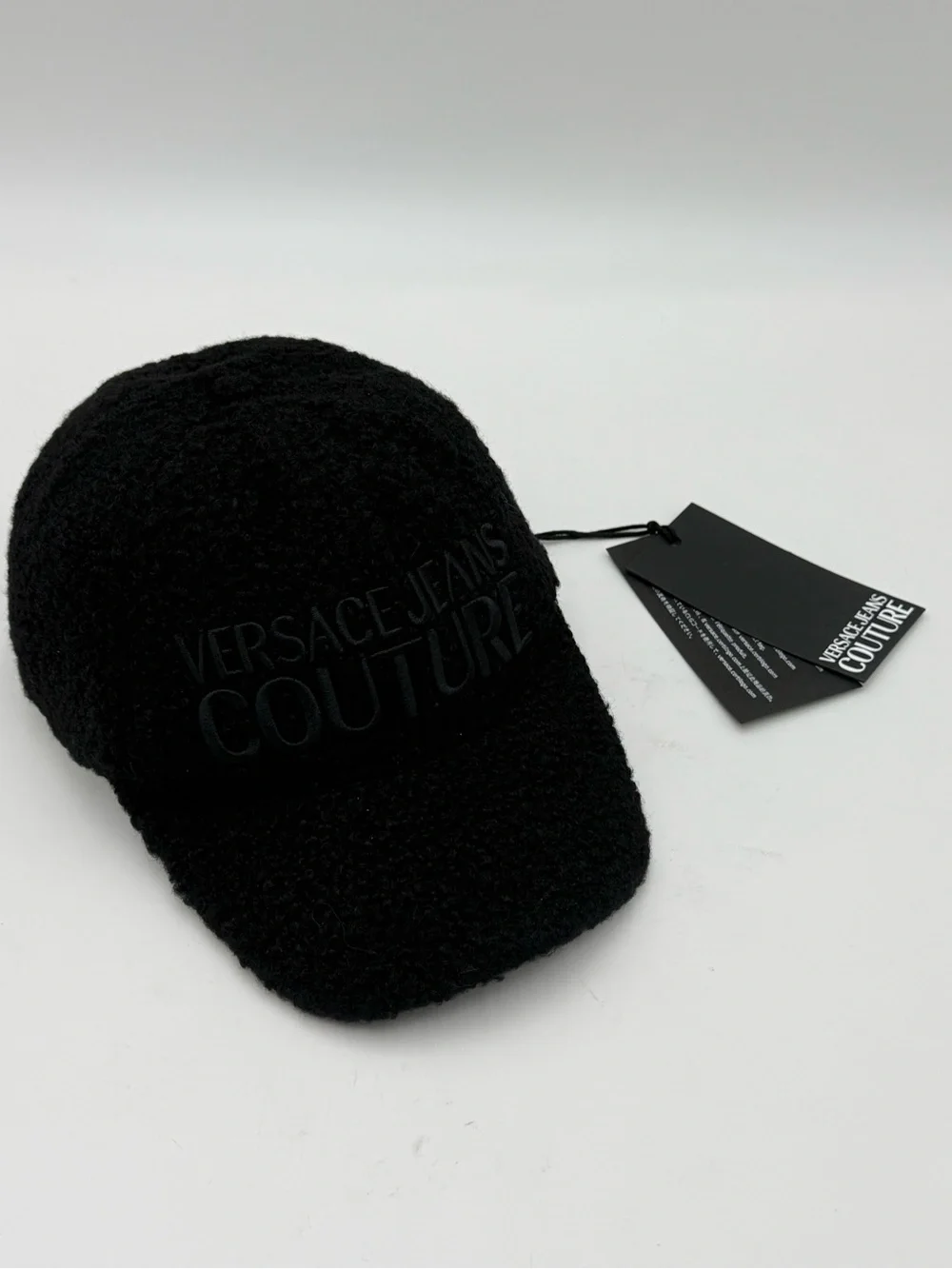 NWT Versace Jeans Couture Black Bouclé Teddy Baseball Cap Hat Logo AUTHENTIC